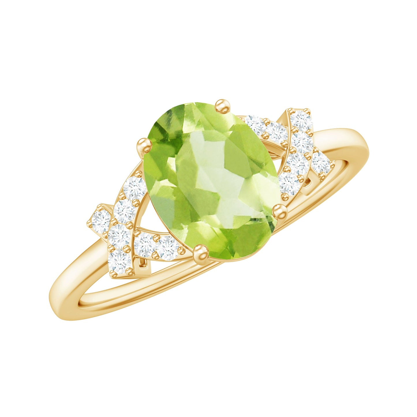 Real 1 Carat Peridot Oval Engagement Ring with Diamond Split Shank