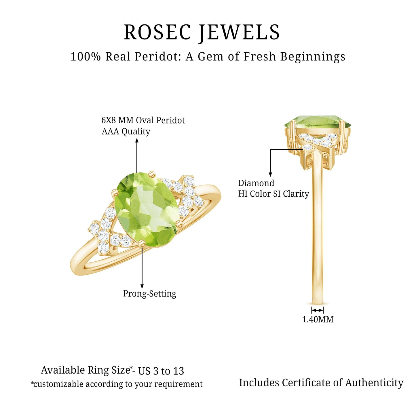 Real 1 Carat Peridot Oval Engagement Ring with Diamond Split Shank