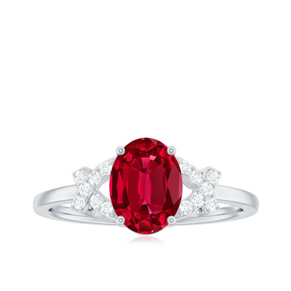 Certified 1.5 Carat Lab Grown Ruby Oval Engagement Ring with Diamond Split Shank