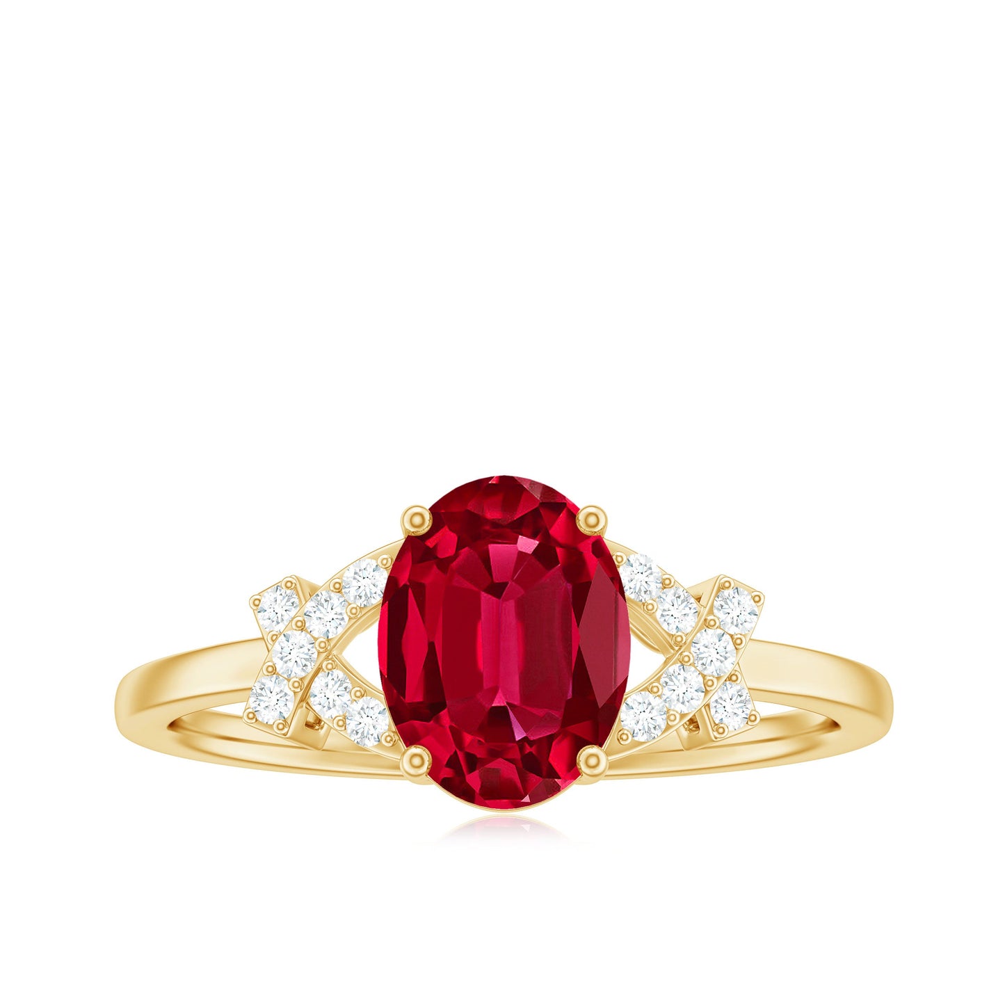 Certified 1.5 Carat Lab Grown Ruby Oval Engagement Ring with Diamond Split Shank