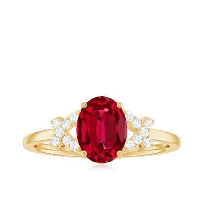 Certified 1.5 Carat Lab Grown Ruby Oval Engagement Ring with Diamond Split Shank