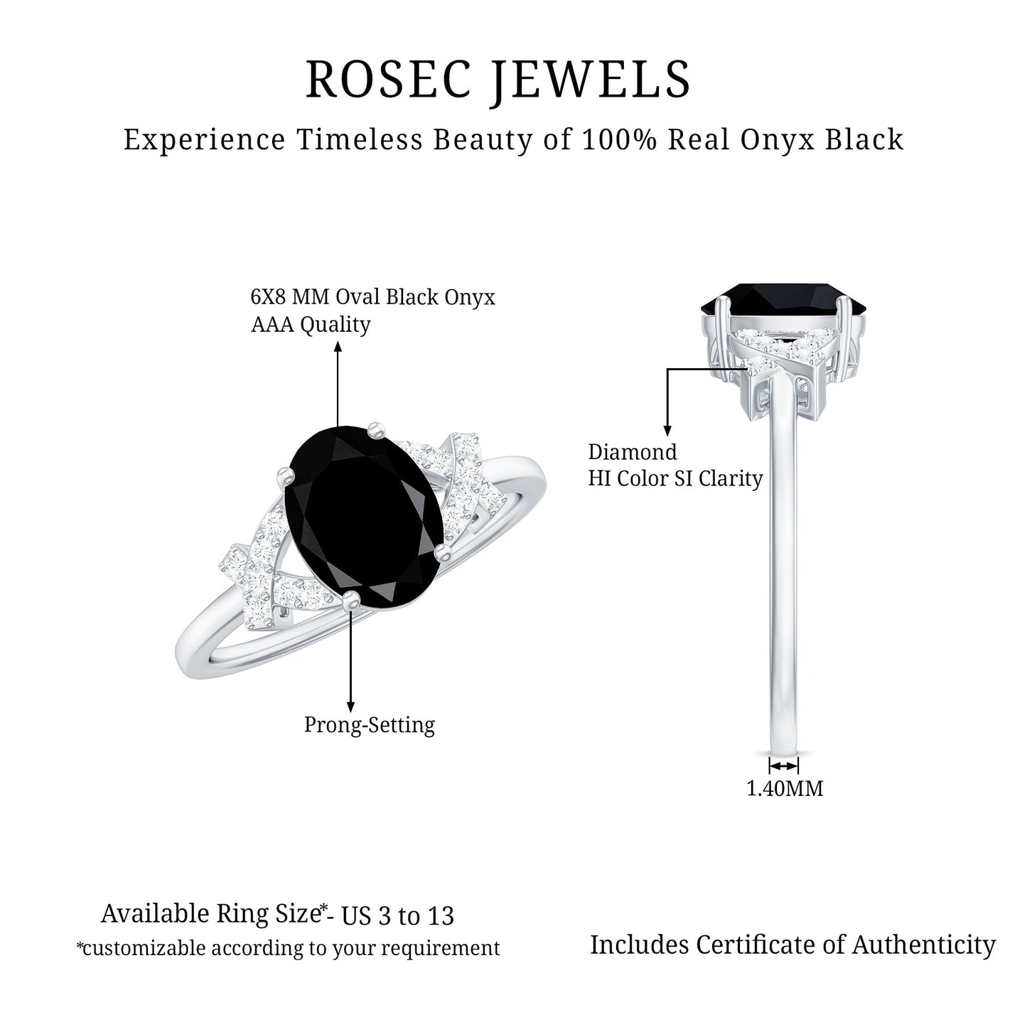 Solitaire Black Onyx Oval Engagement Ring in Split Shank