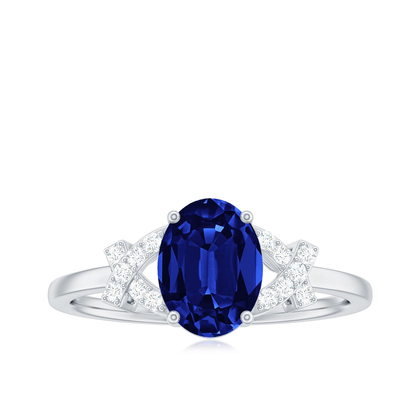 Split Shank Oval Created Blue Sapphire and Diamond Solitaire Engagement Ring