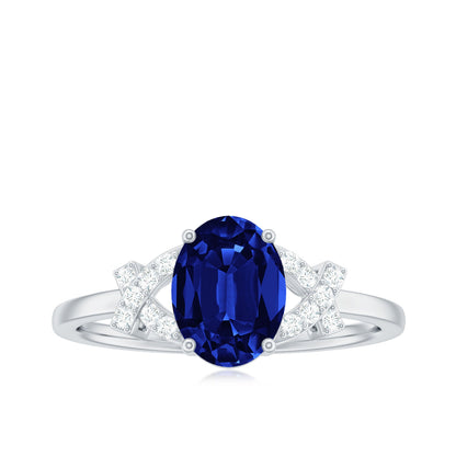Split Shank Oval Created Blue Sapphire and Diamond Solitaire Engagement Ring