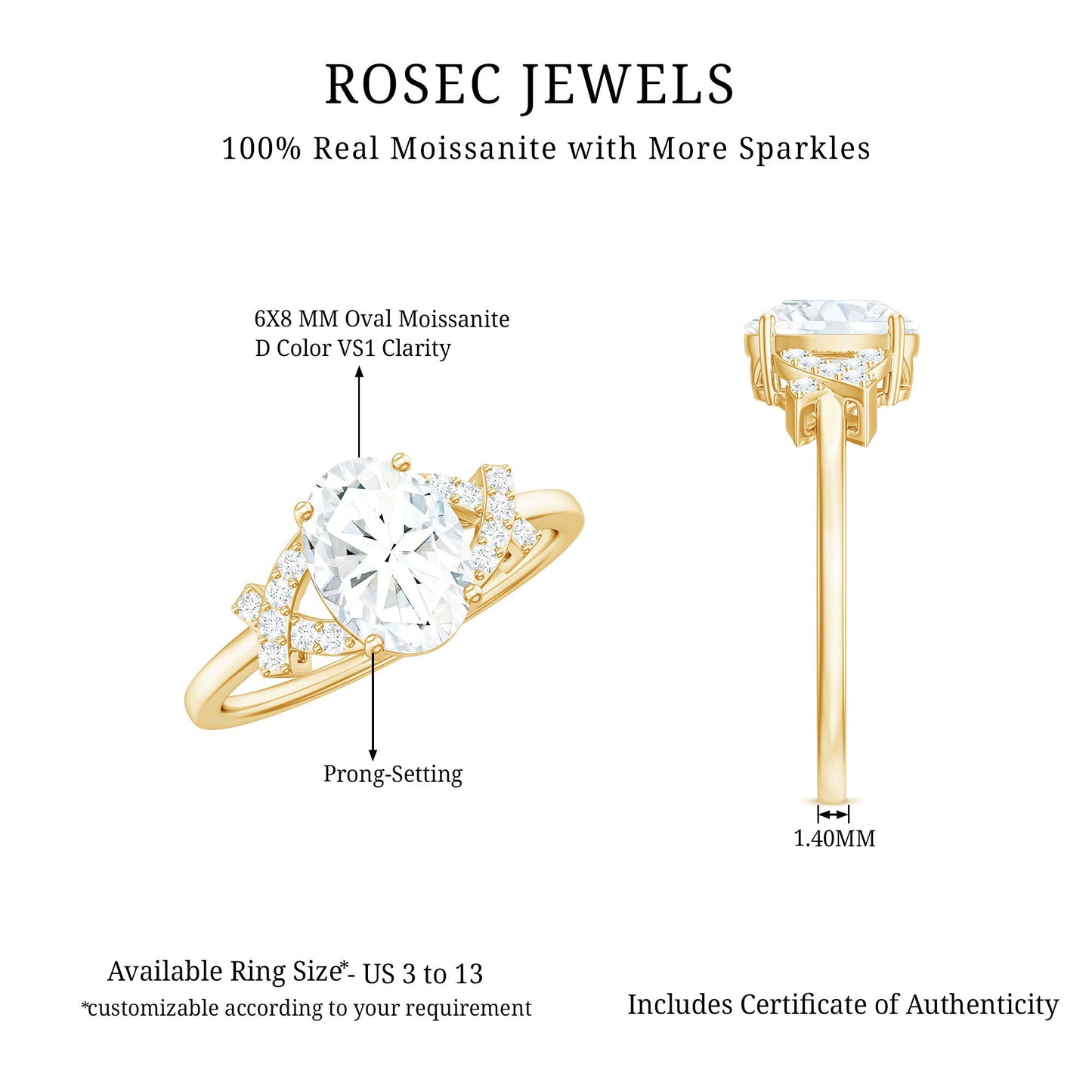Certified Moissanite Oval Engagement Ring in Split Shank