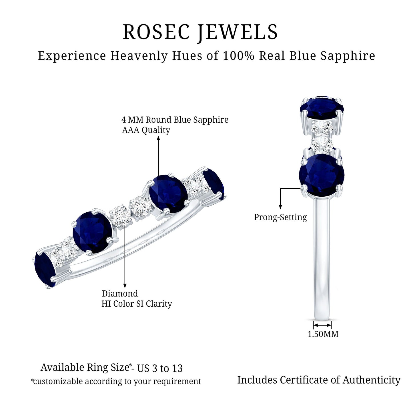 Genuine Blue Sapphire Half Eternity Ring with Diamond