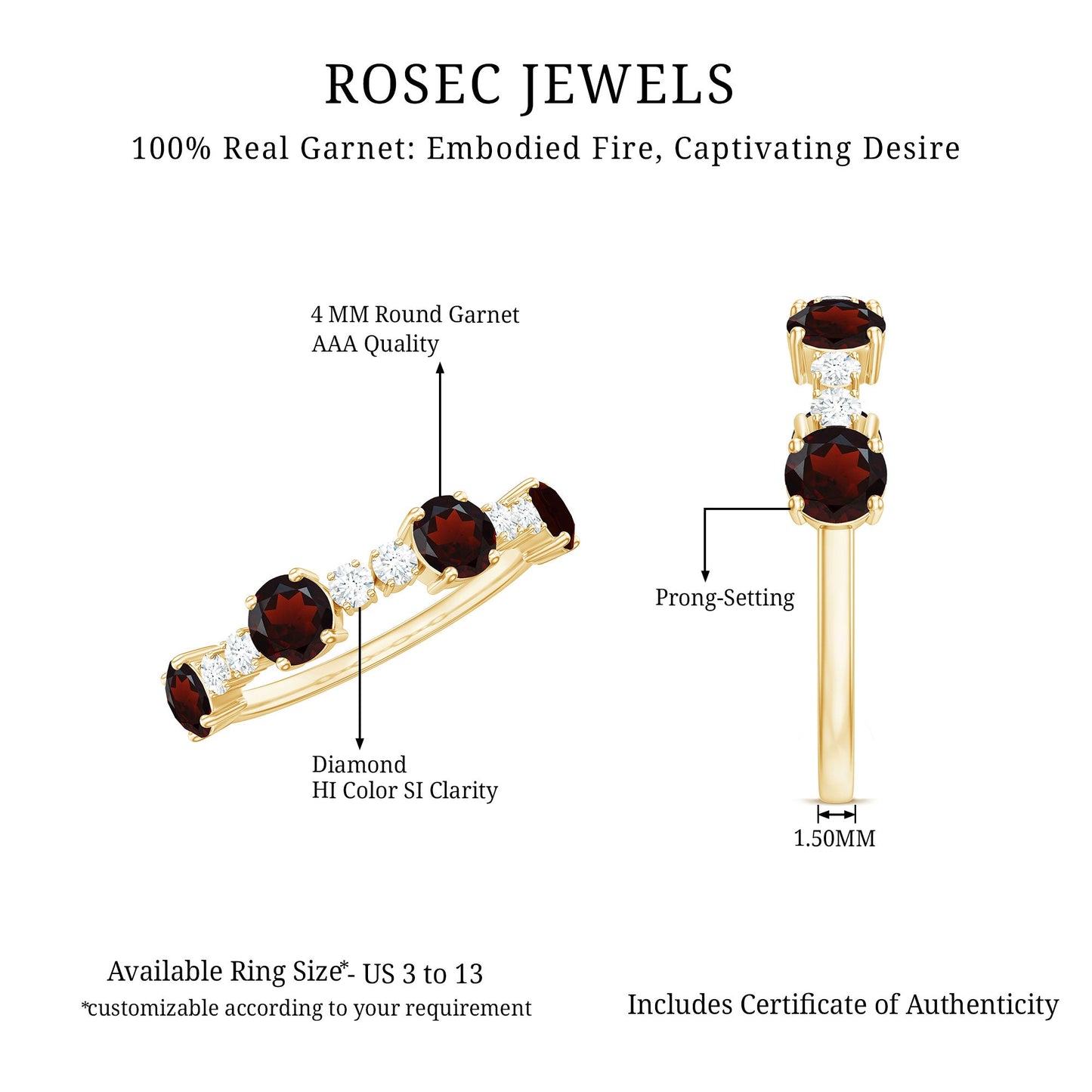 Genuine Garnet Half Eternity Ring with Diamond