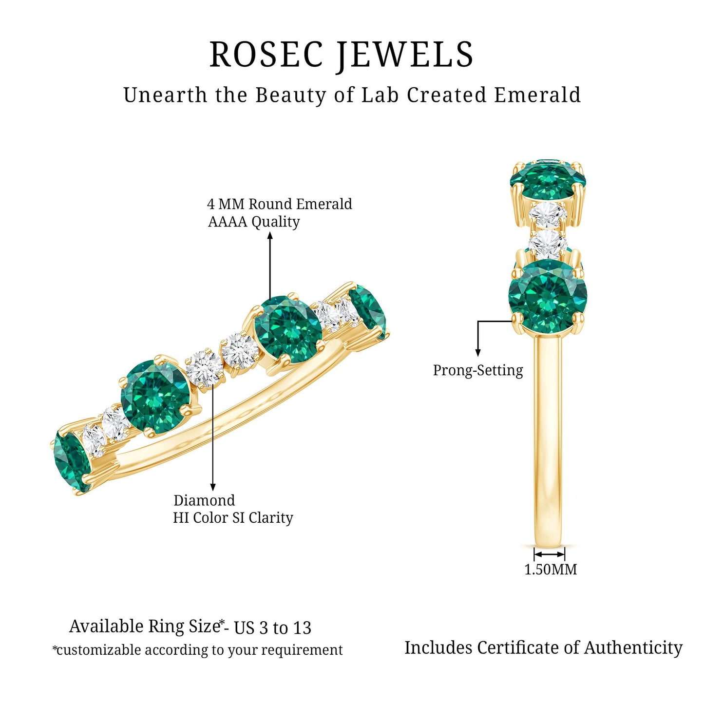 Certified Lab Grown Emerald Diamond Half Eternity Ring in Prong Set
