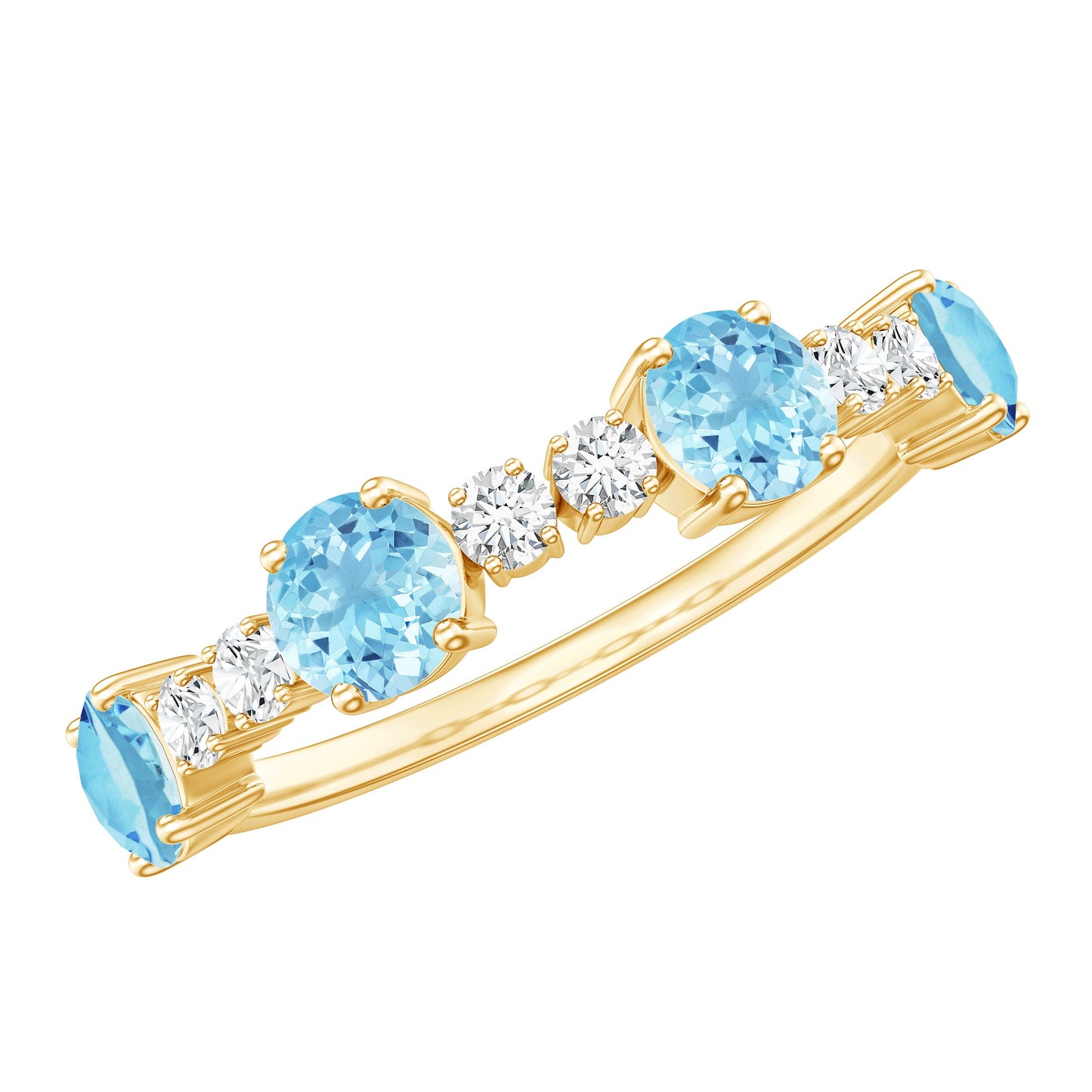 Genuine Aquamarine and Diamond Half Eternity Ring in Prong Setting