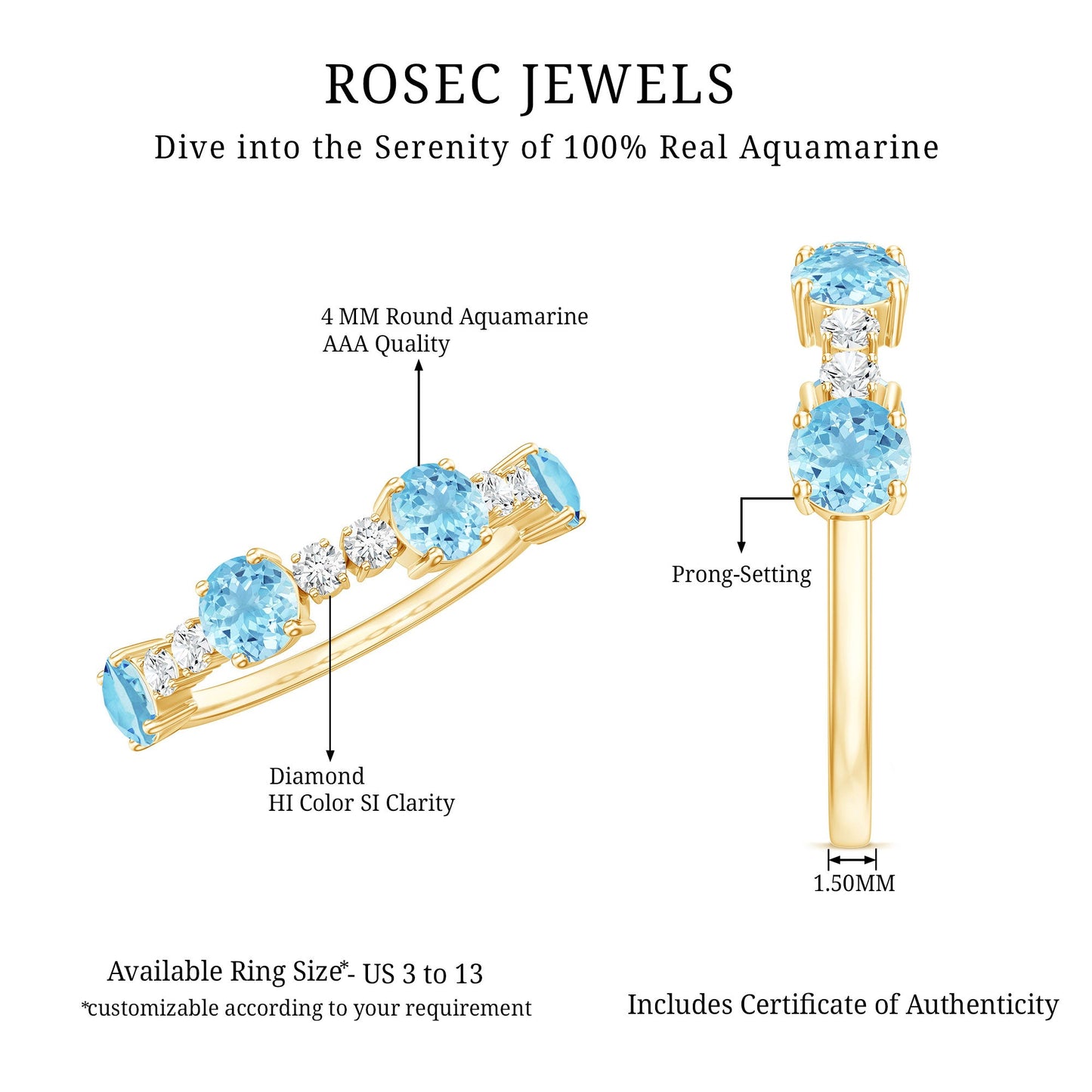 Genuine Aquamarine and Diamond Half Eternity Ring in Prong Setting