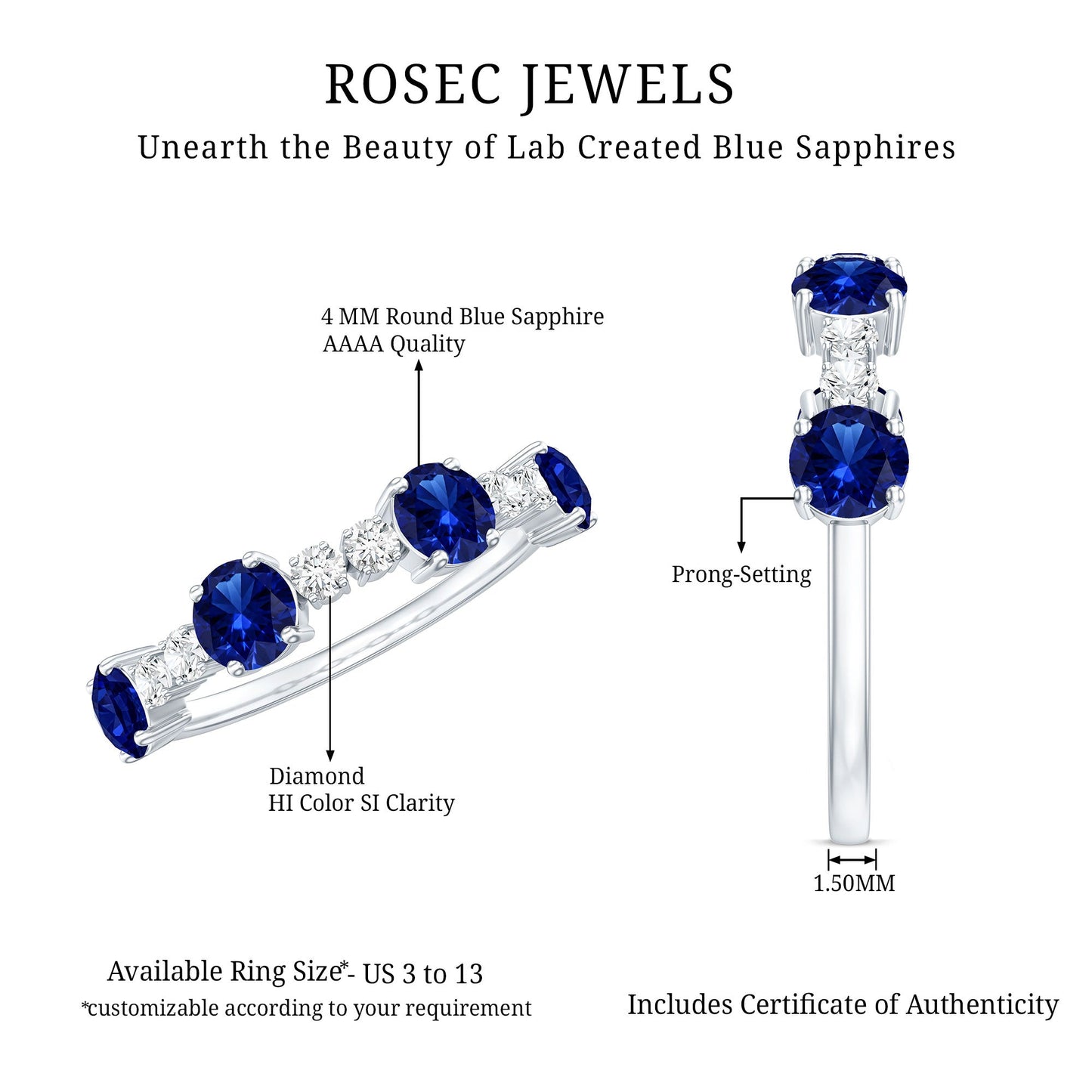 Certified Lab Grown Blue Sapphire Half Eternity Anniversary Ring with Diamond