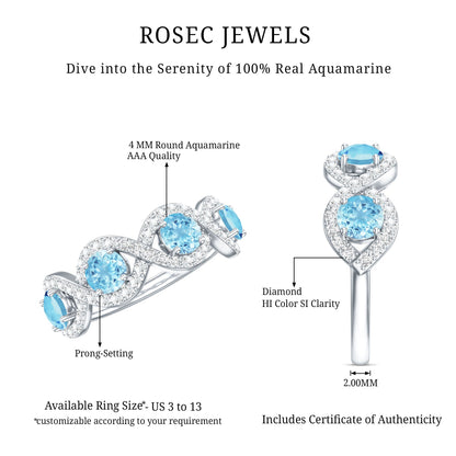 Braided Half Eternity Ring with Genuine Aquamarine and Diamond