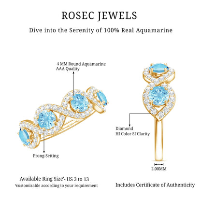 Braided Half Eternity Ring with Genuine Aquamarine and Diamond