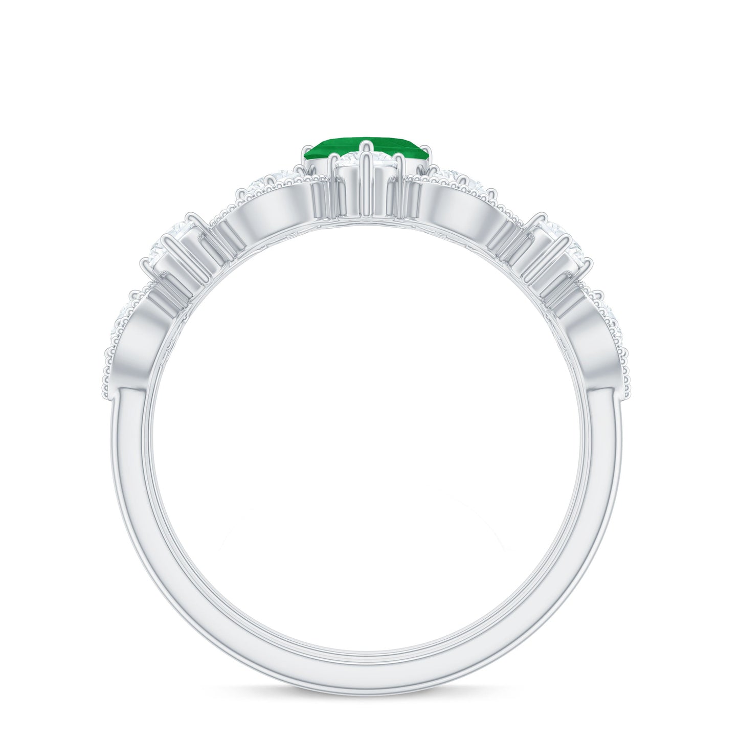 Natural Emerald Heart Shaped Engagement Ring and Diamond Wedding Band