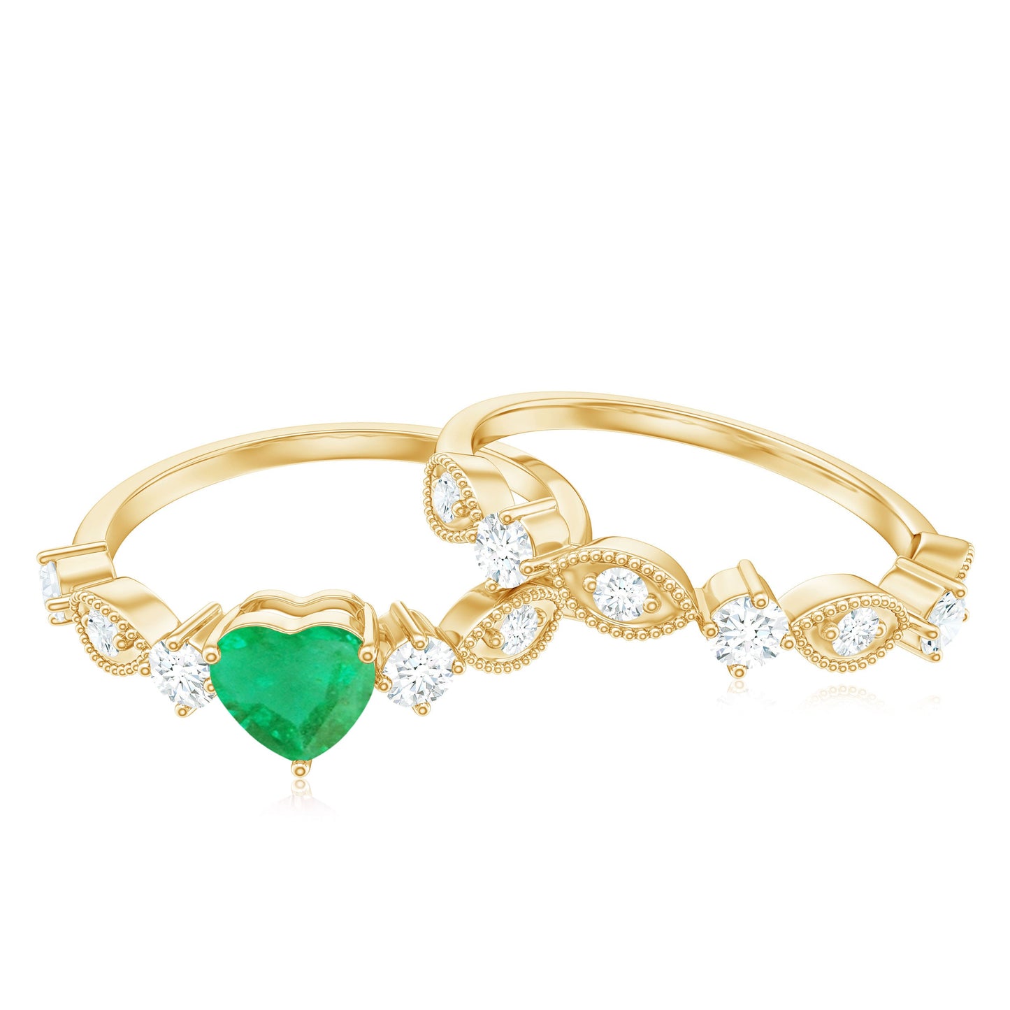 Natural Emerald Heart Shaped Engagement Ring and Diamond Wedding Band