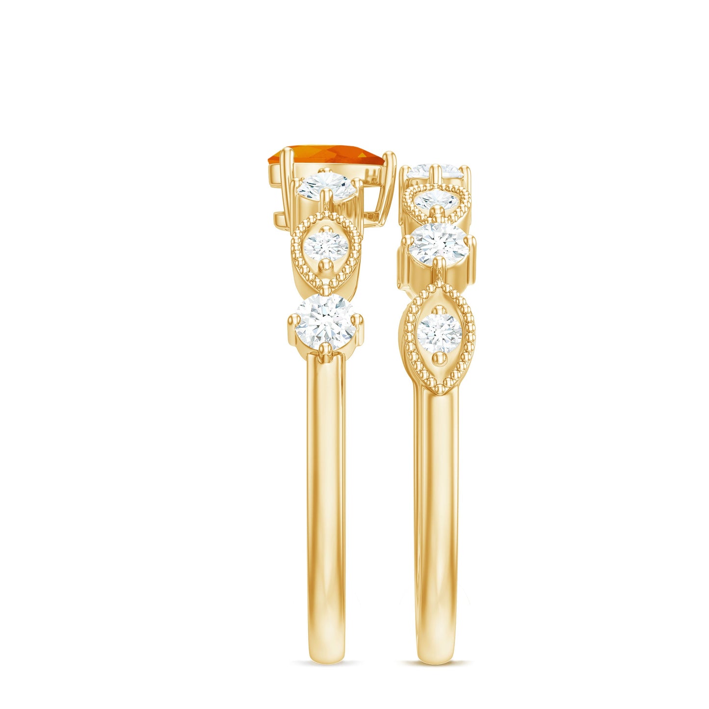 Vintage Inspired Fire Opal and Diamond Wedding Ring Set