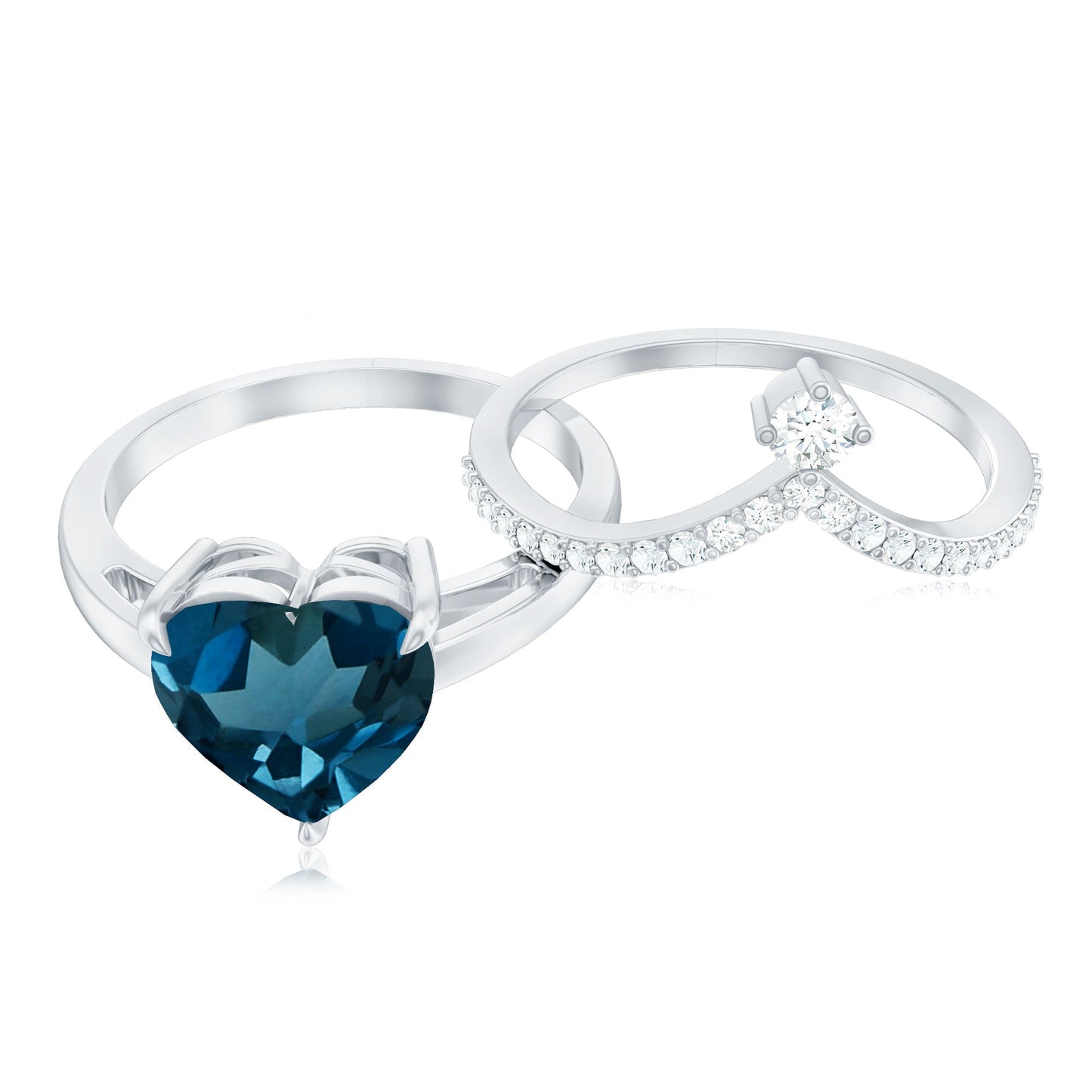 2 Carat Heart Shaped London Blue Topaz Solitaire Ring Set with Diamond Curved Band