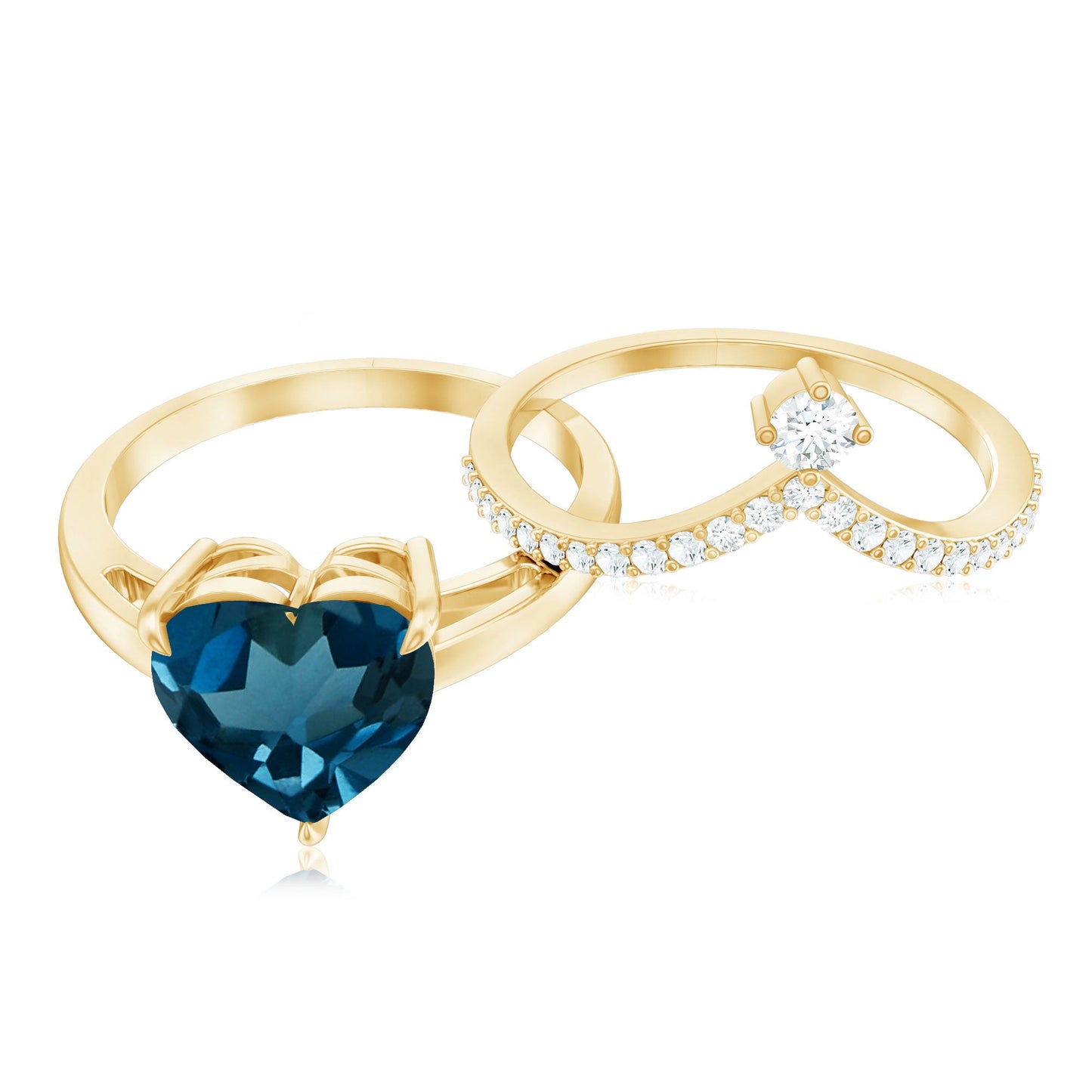 2 Carat Heart Shaped London Blue Topaz Solitaire Ring Set with Diamond Curved Band