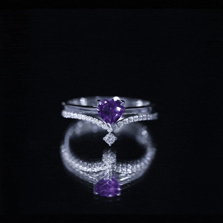 Certified Real Amethyst Heart Engagement Ring with Diamond Wedding Band