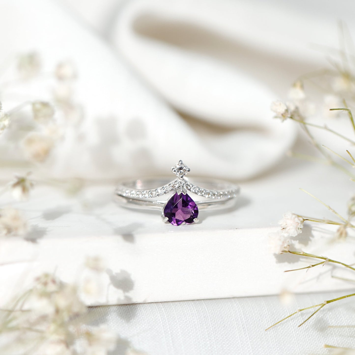 Certified Real Amethyst Heart Engagement Ring with Diamond Wedding Band