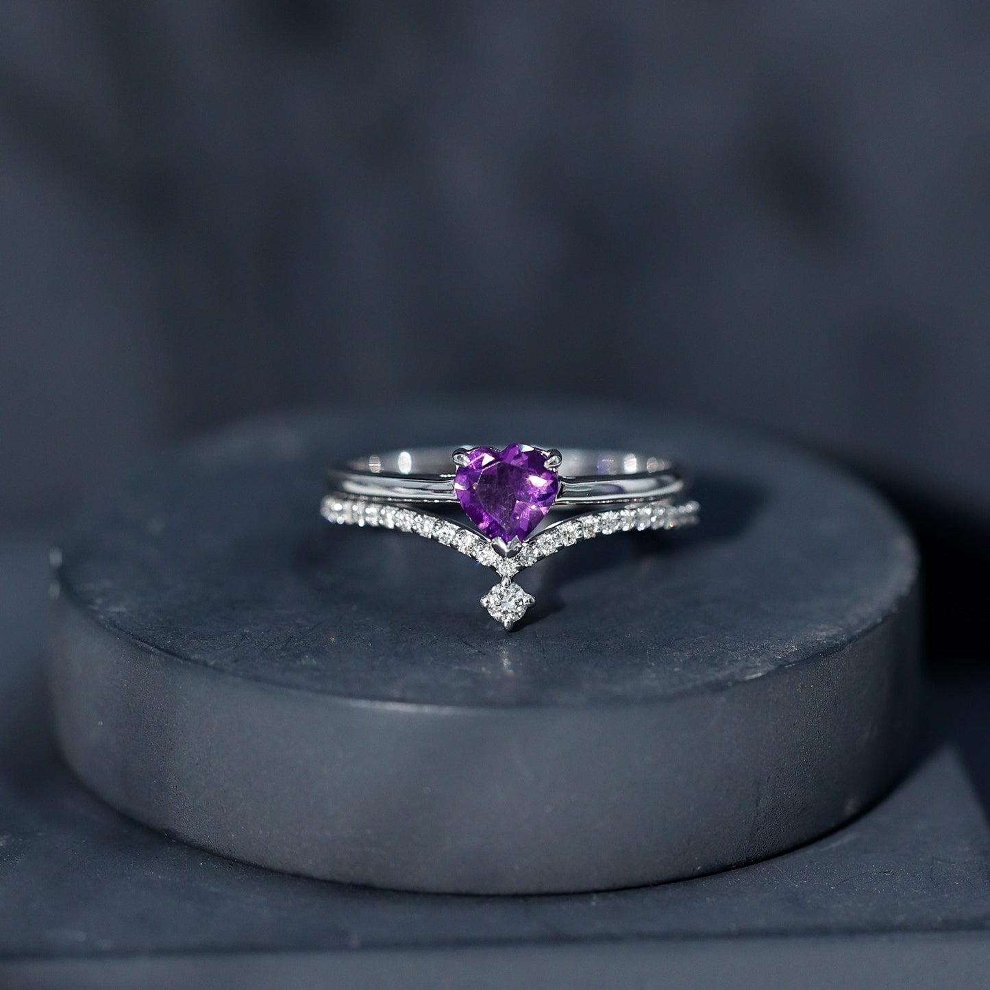 Certified Real Amethyst Heart Engagement Ring with Diamond Wedding Band