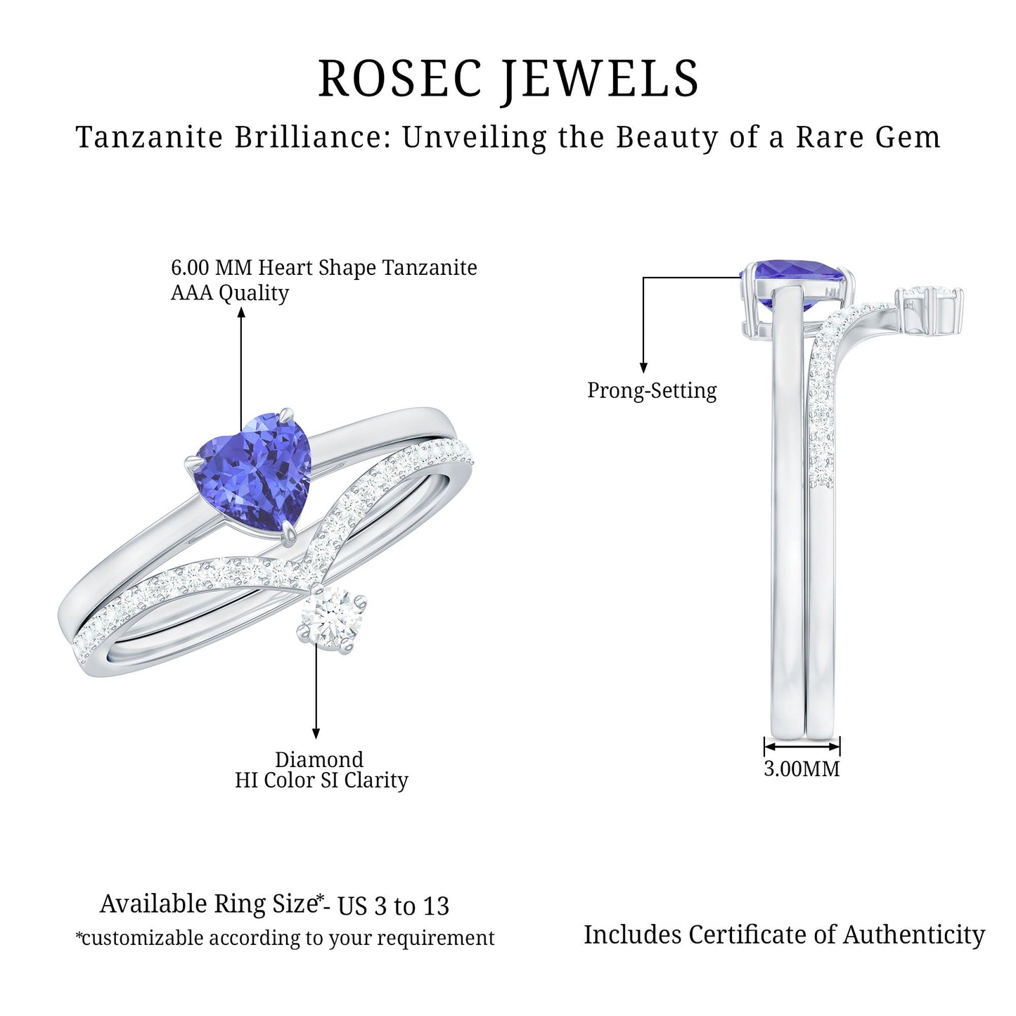 Natural Tanzanite Heart Engagement Ring with Chevron Diamond Enhancer