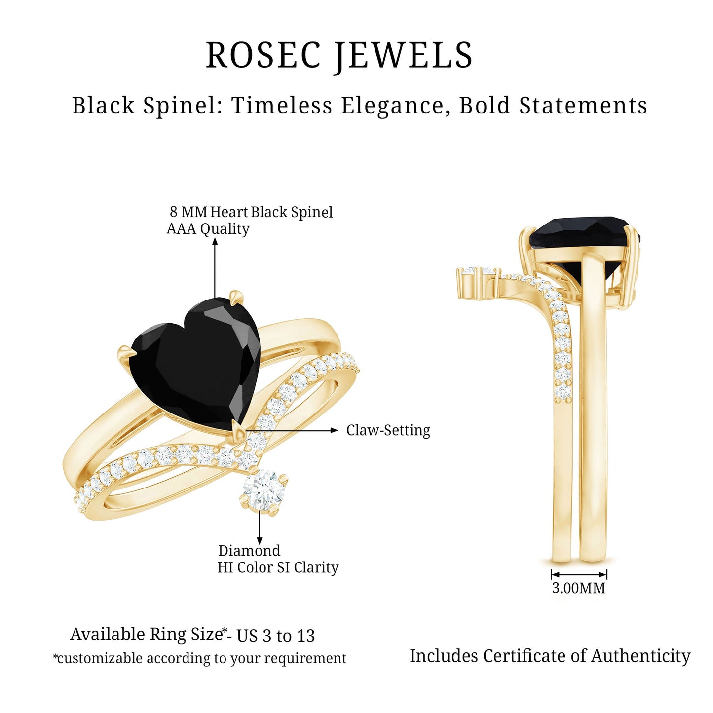 Genuine 2 Carat Black Spinel Heart Engagement Ring with Diamond Enhancer