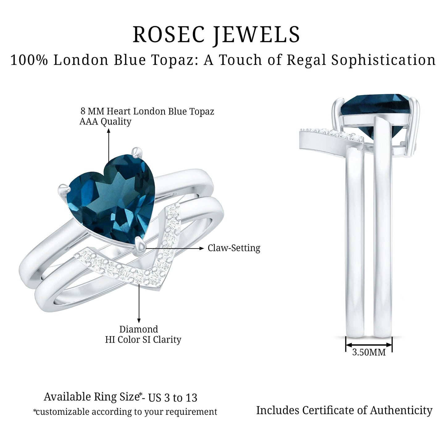 2 Carat London Blue Topaz Heart Ring Set with Diamond
