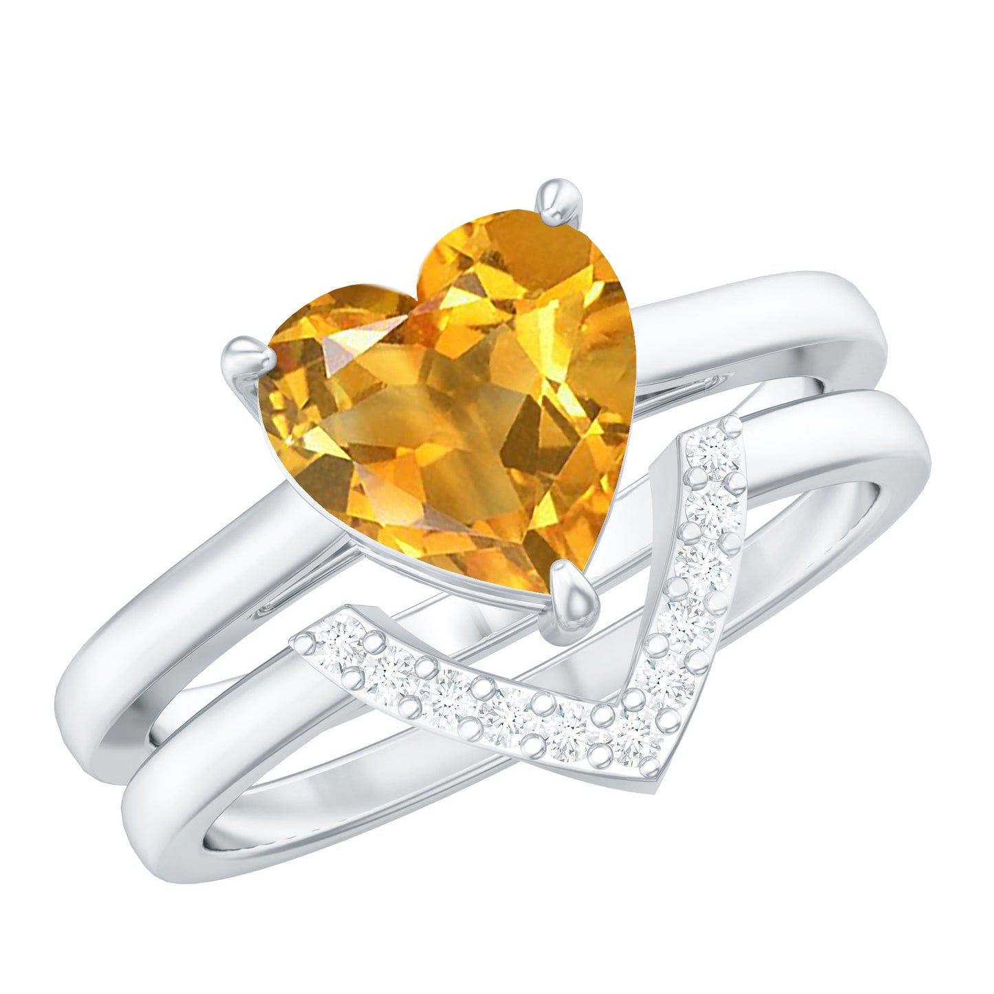2 Carat Heart Shape Citrine and Diamond Bridal Ring Set