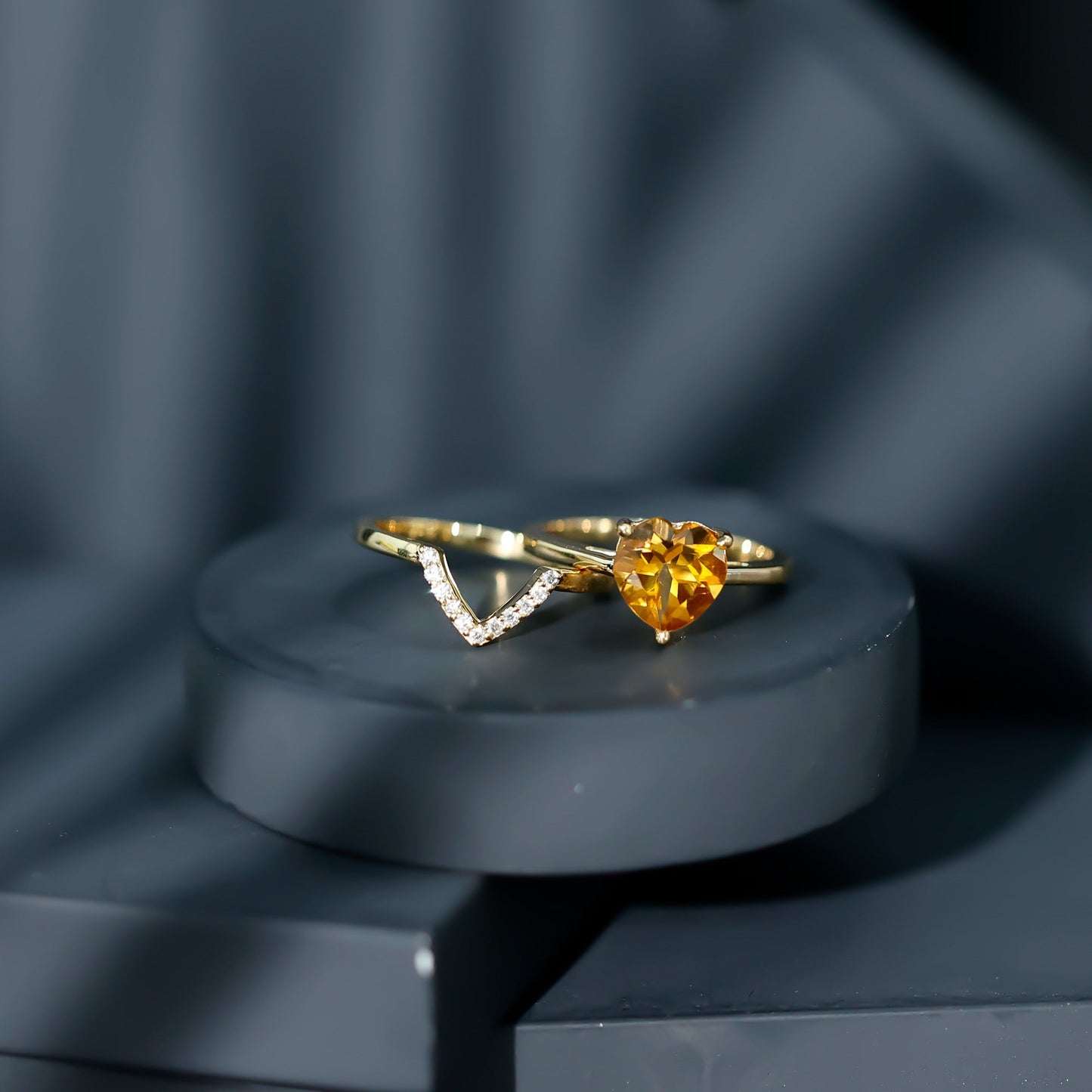 2 Carat Heart Shape Citrine and Diamond Bridal Ring Set