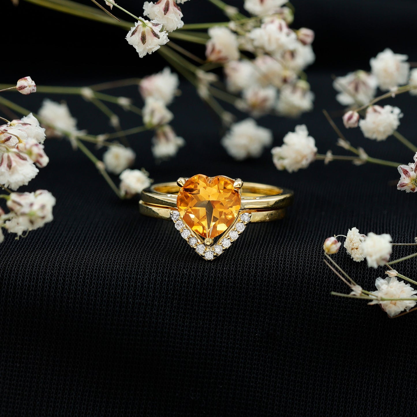 2 Carat Heart Shape Citrine and Diamond Bridal Ring Set