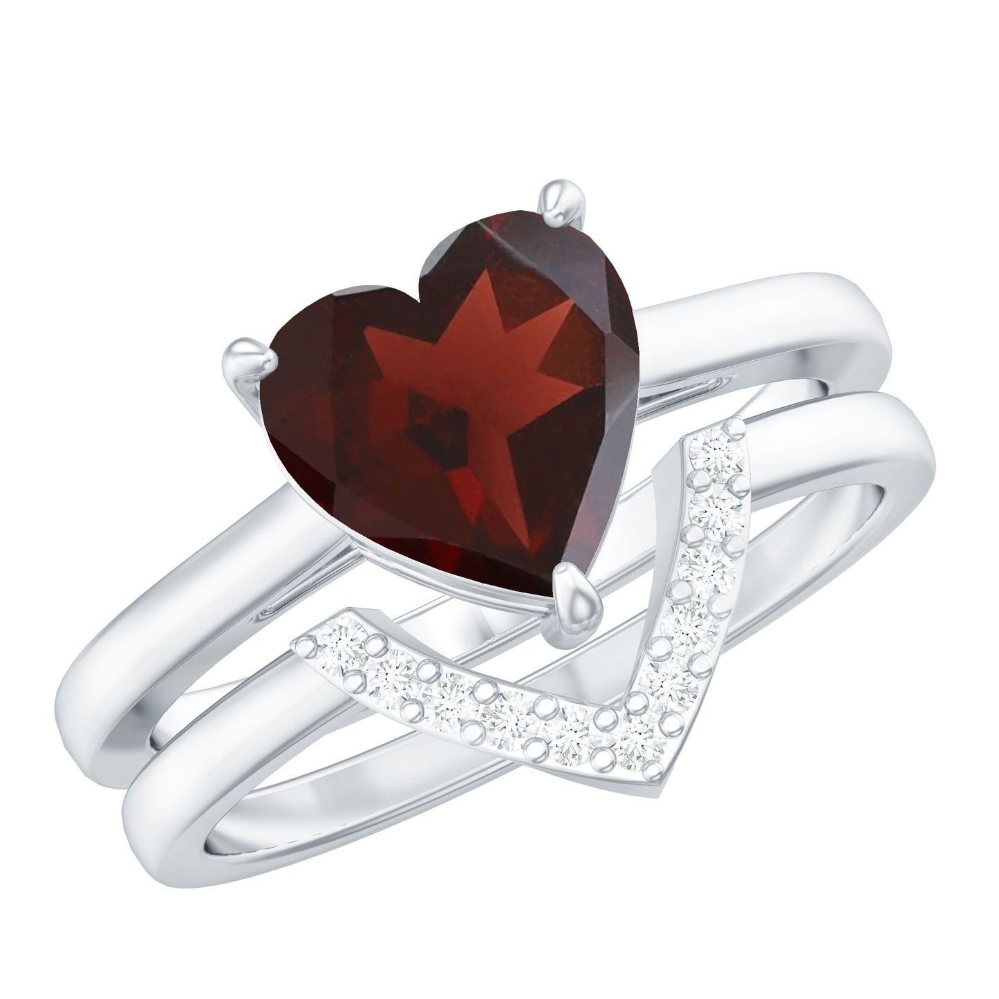 Real 4 Carat Garnet Diamond Heart Shaped Wedding Engagement Ring Set of 2