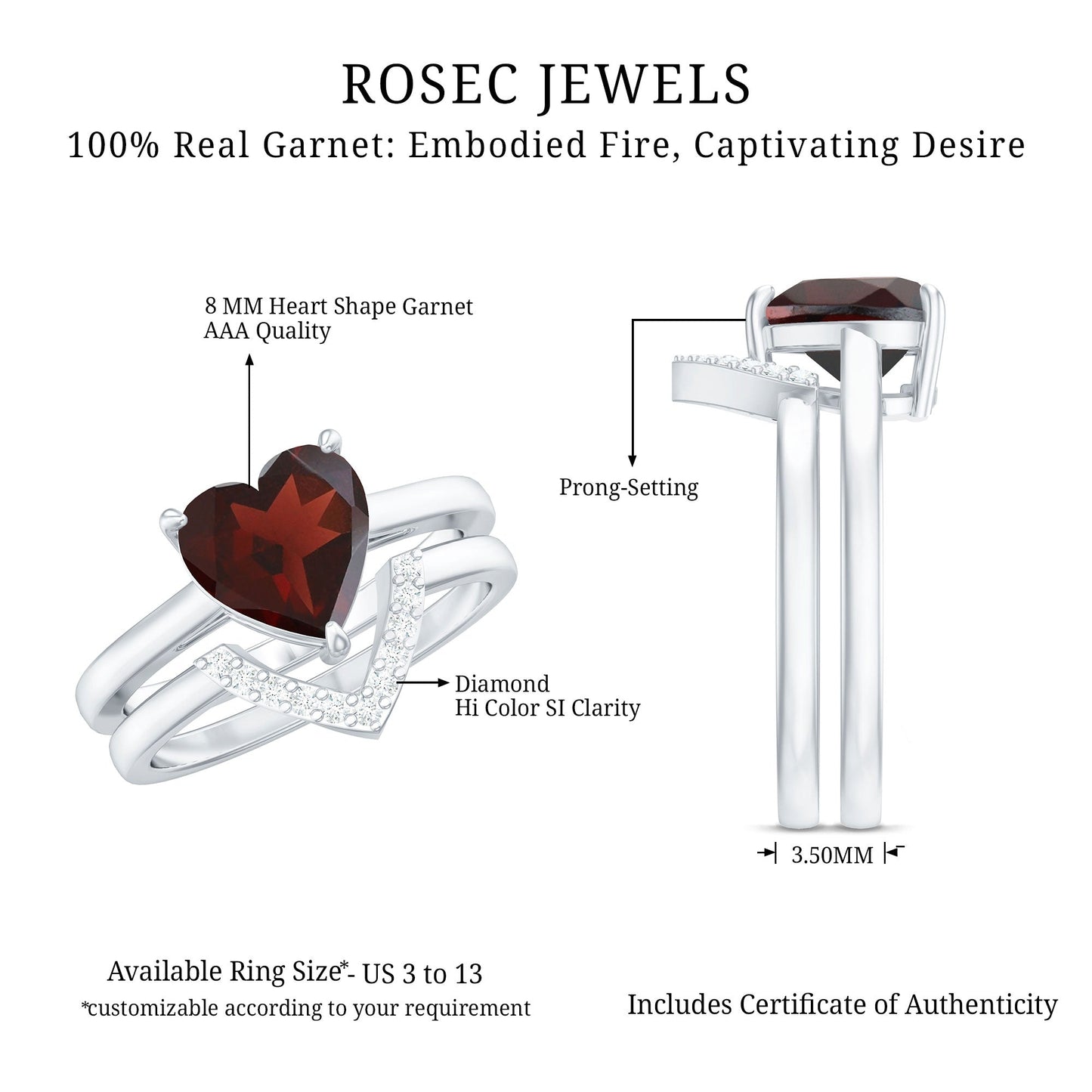 Real 4 Carat Garnet Diamond Heart Shaped Wedding Engagement Ring Set of 2