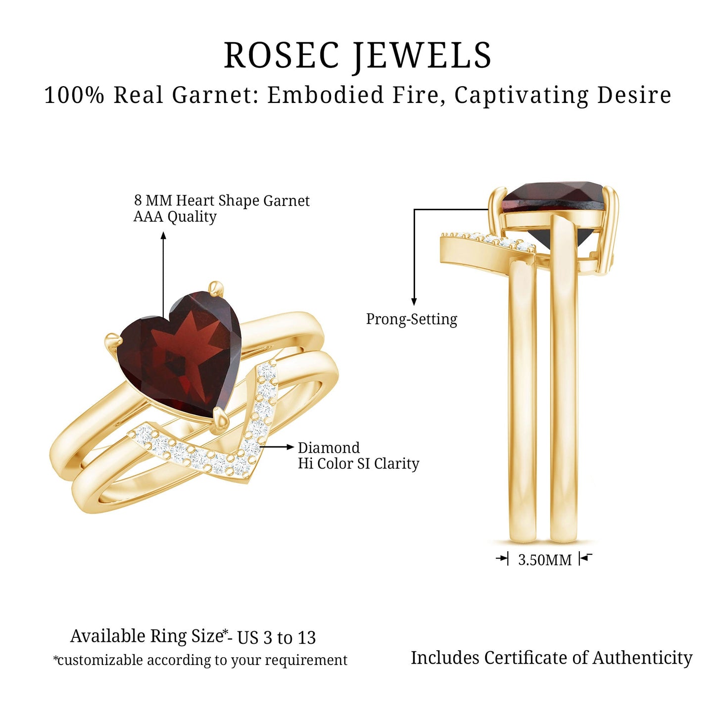 Real 4 Carat Garnet Diamond Heart Shaped Wedding Engagement Ring Set of 2