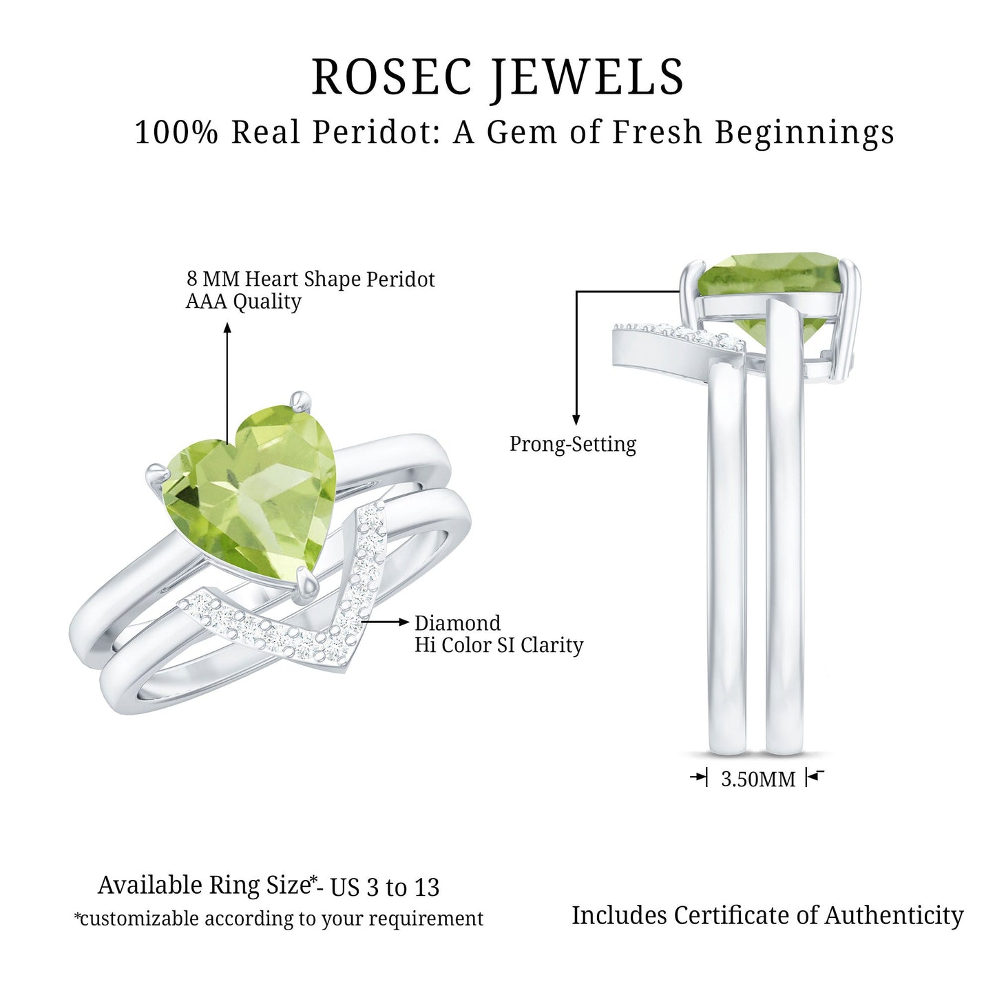 Natural 2 Carat Heart Shape Peridot Wedding Ring Set of 2 with Diamond