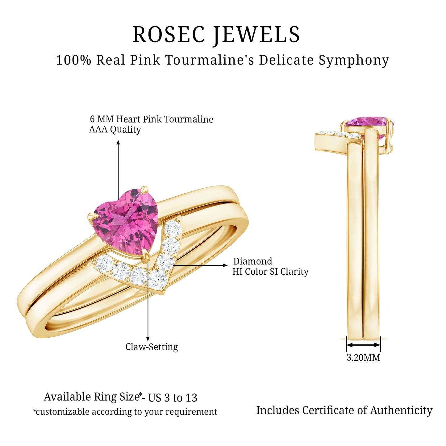 Pink Tourmaline Heart Ring Set with Diamond