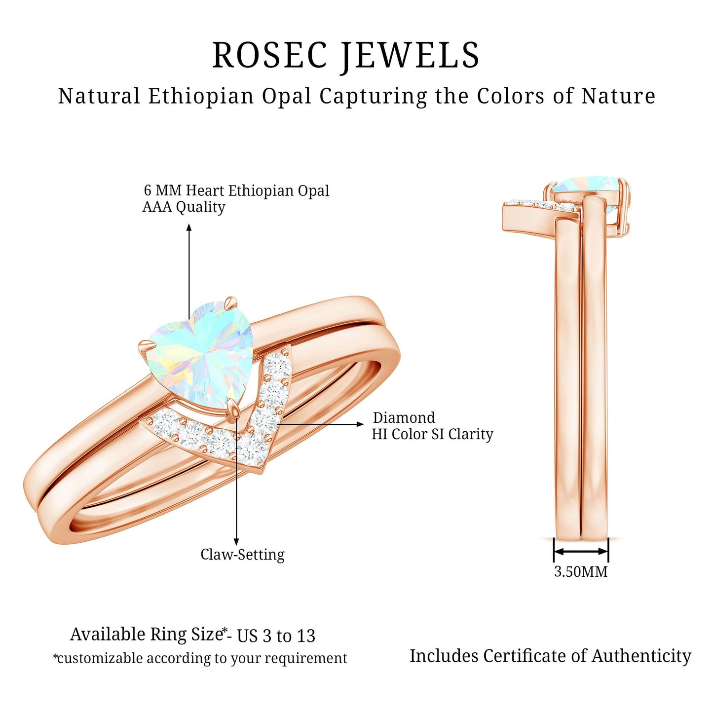 Ethiopian Opal Heart Engagement Ring with Diamond Wedding Band