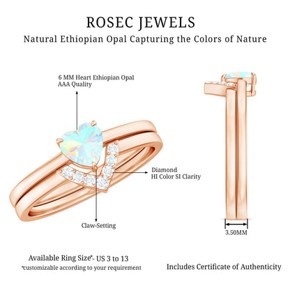 Ethiopian Opal Heart Engagement Ring with Diamond Wedding Band