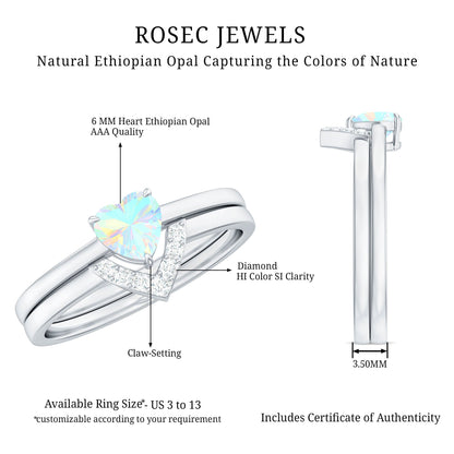 Ethiopian Opal Heart Engagement Ring with Diamond Wedding Band