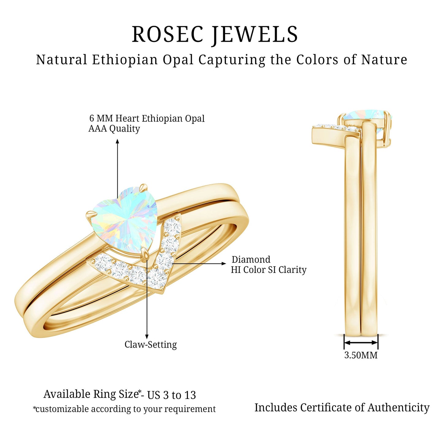 Ethiopian Opal Heart Engagement Ring with Diamond Wedding Band