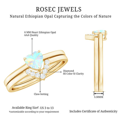 Ethiopian Opal Heart Engagement Ring with Diamond Wedding Band
