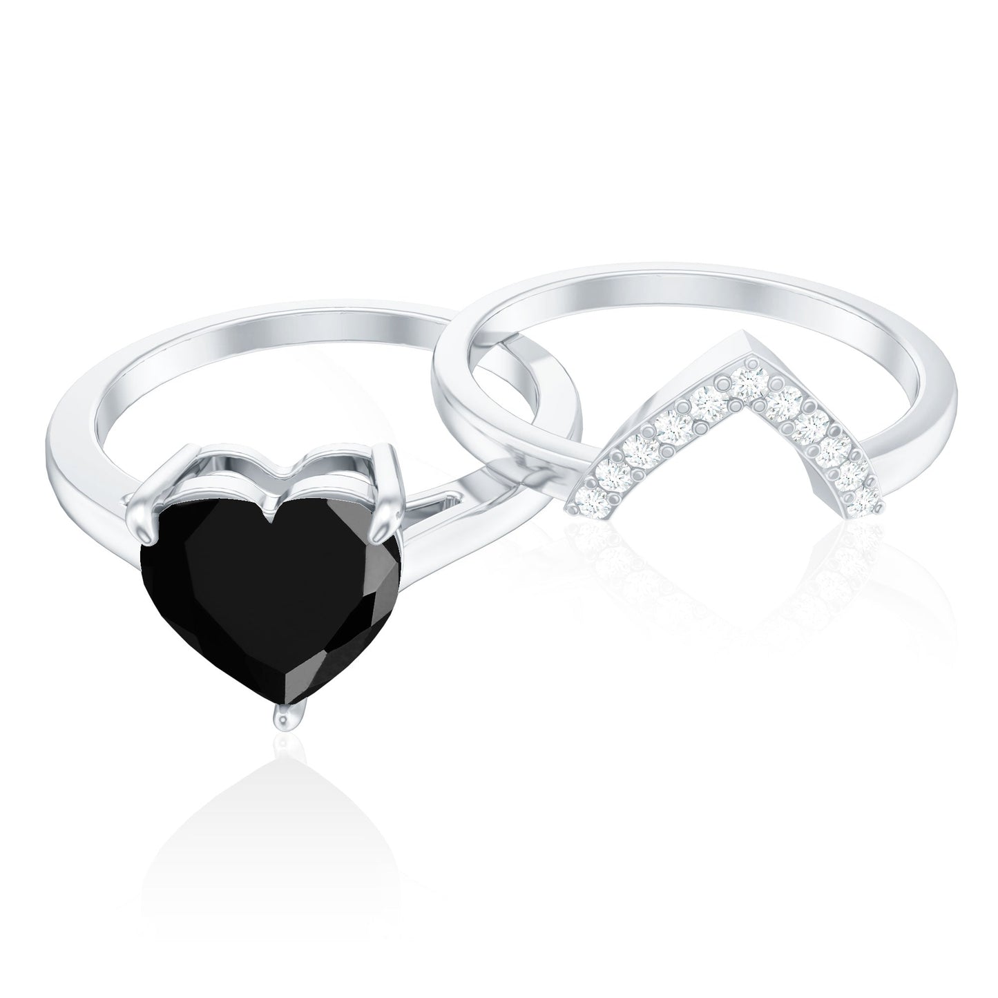 Natural Black Spinel Diamond 2 Carat Heart Engagement and Wedding Ring Set of 2