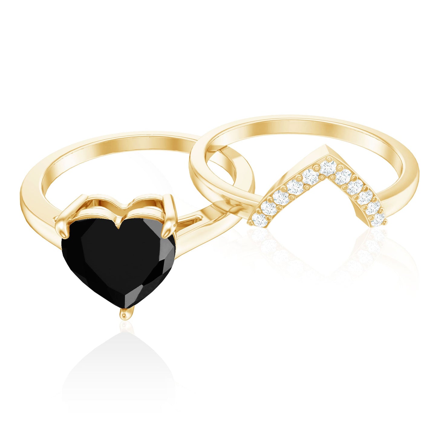 Natural Black Spinel Diamond 2 Carat Heart Engagement and Wedding Ring Set of 2