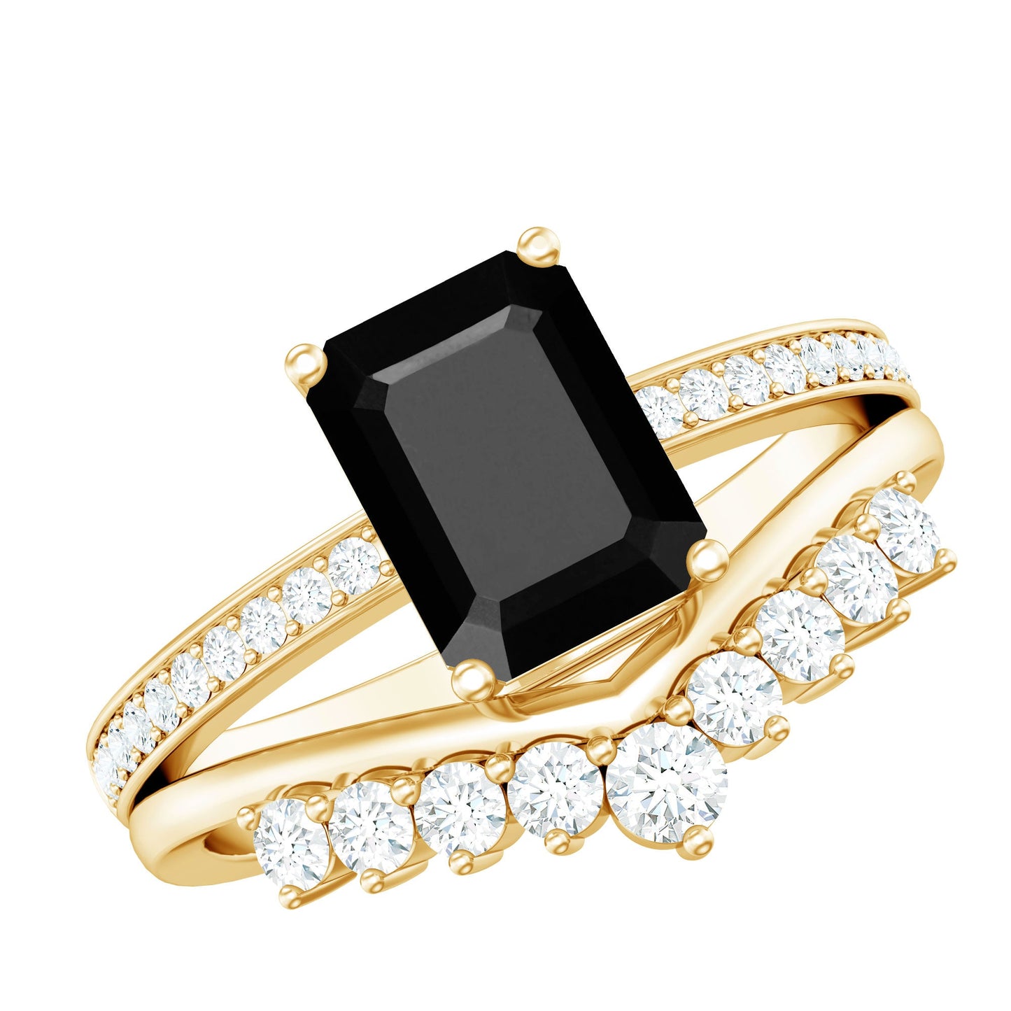 Emerald Cut Created Black Diamond and Diamond Engagement Ring Set
