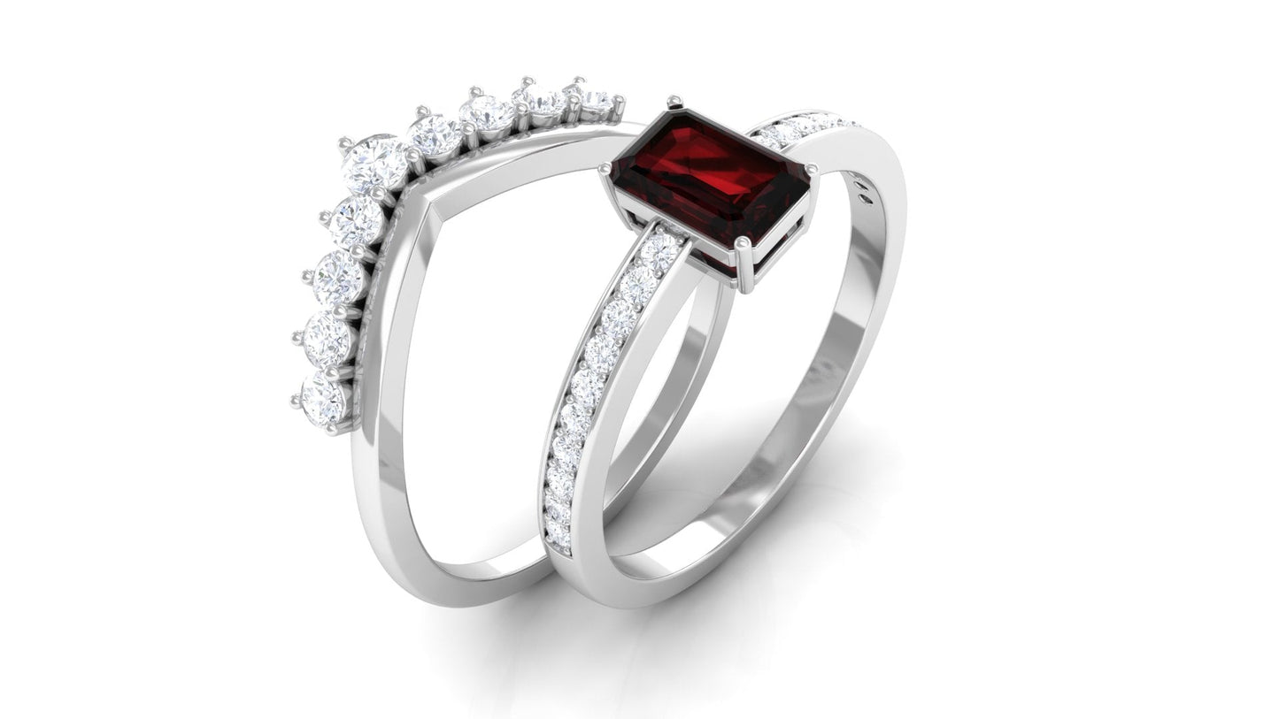 Natural Garnet Emerald Cut Engagement Ring With Diamond Wedding Band