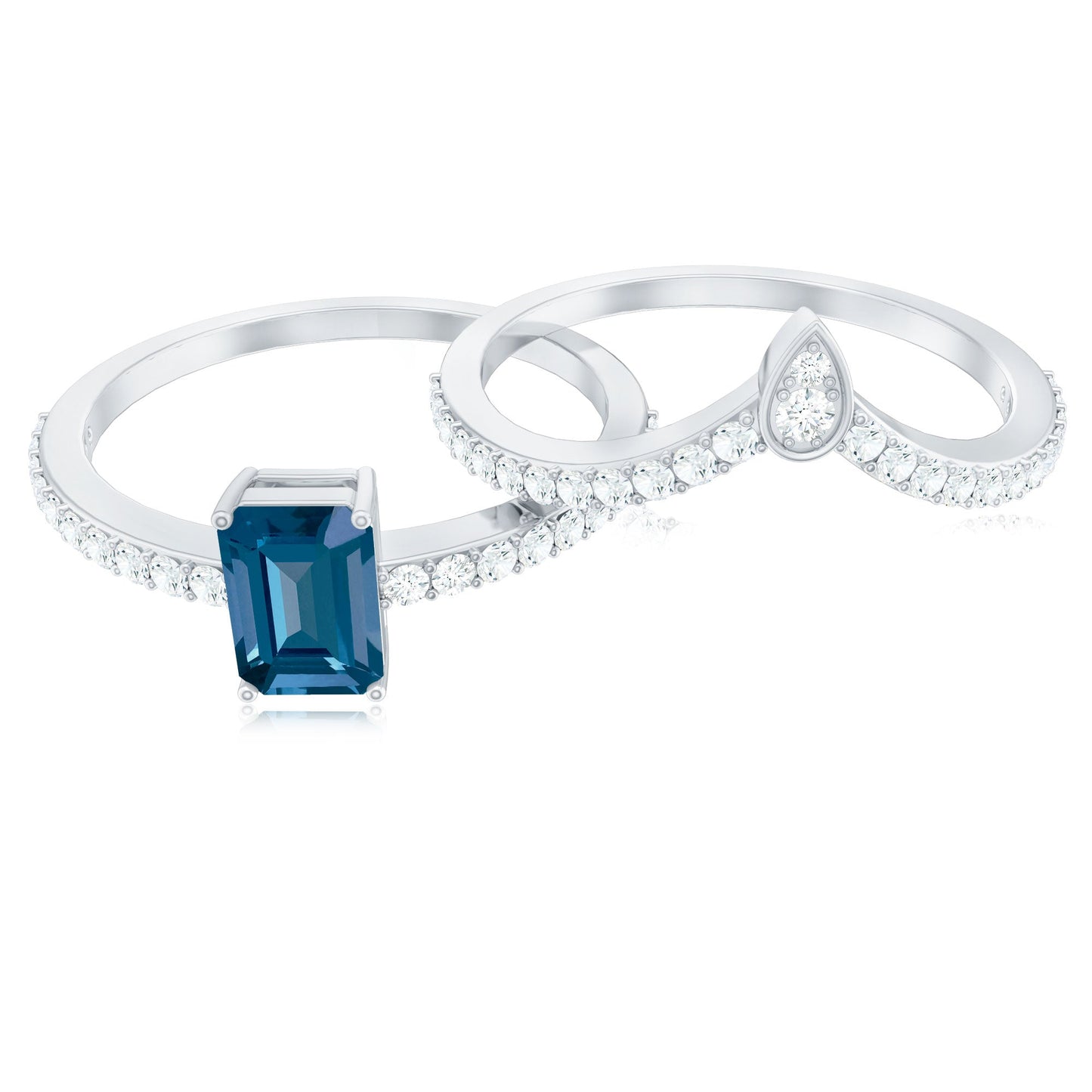 Genuine London Blue Topaz Emerald Cut Engagement Ring Set with Diamond Band