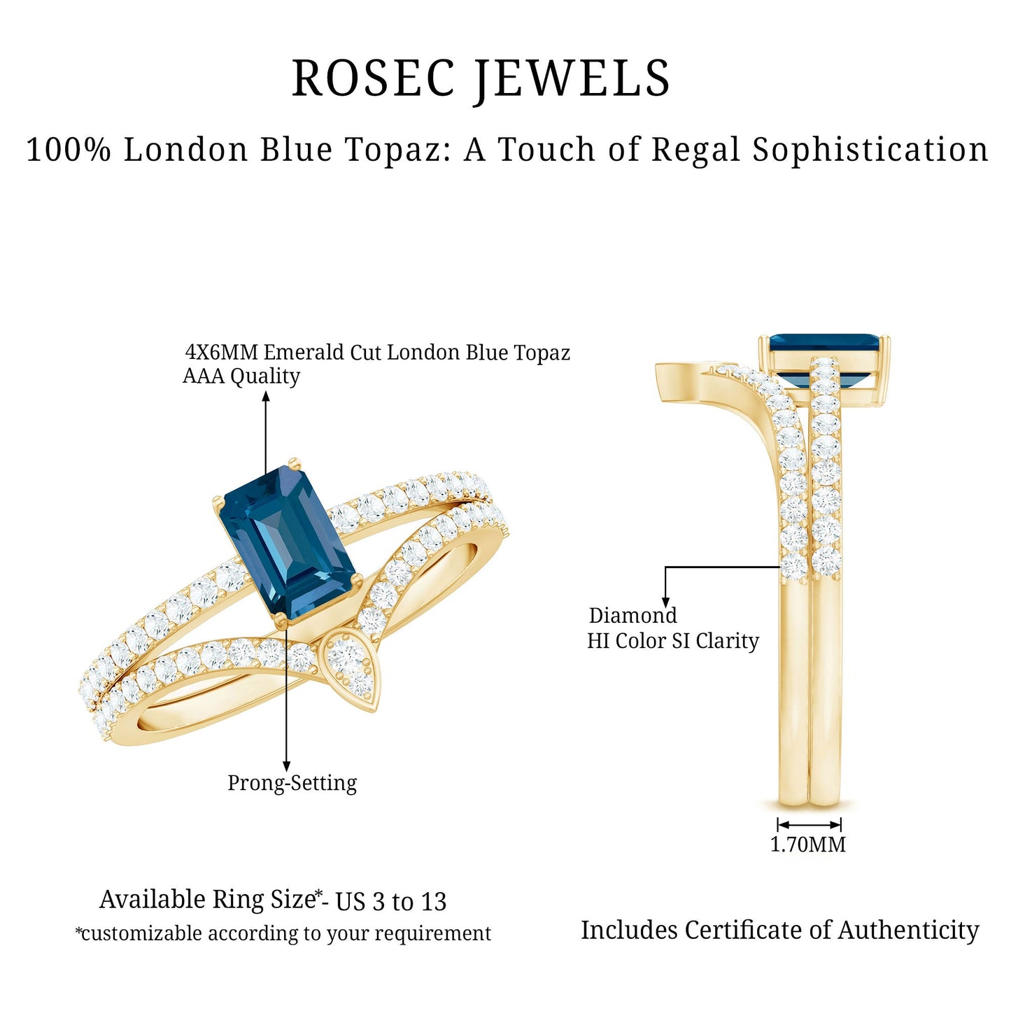 Genuine London Blue Topaz Emerald Cut Engagement Ring Set with Diamond Band