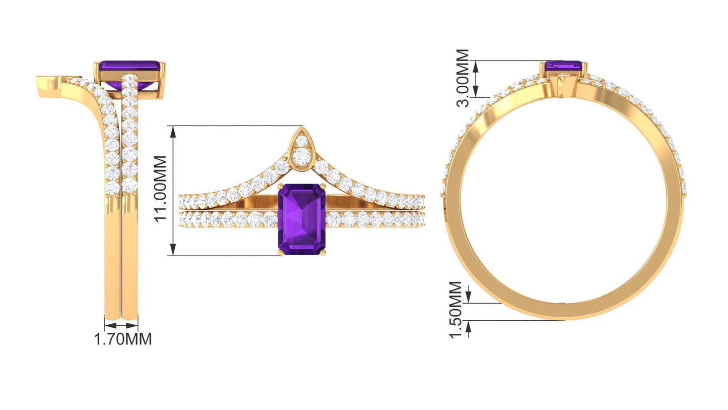 Natural 1.4 Carat Emerald Cut Amethyst Diamond Wedding Ring Set