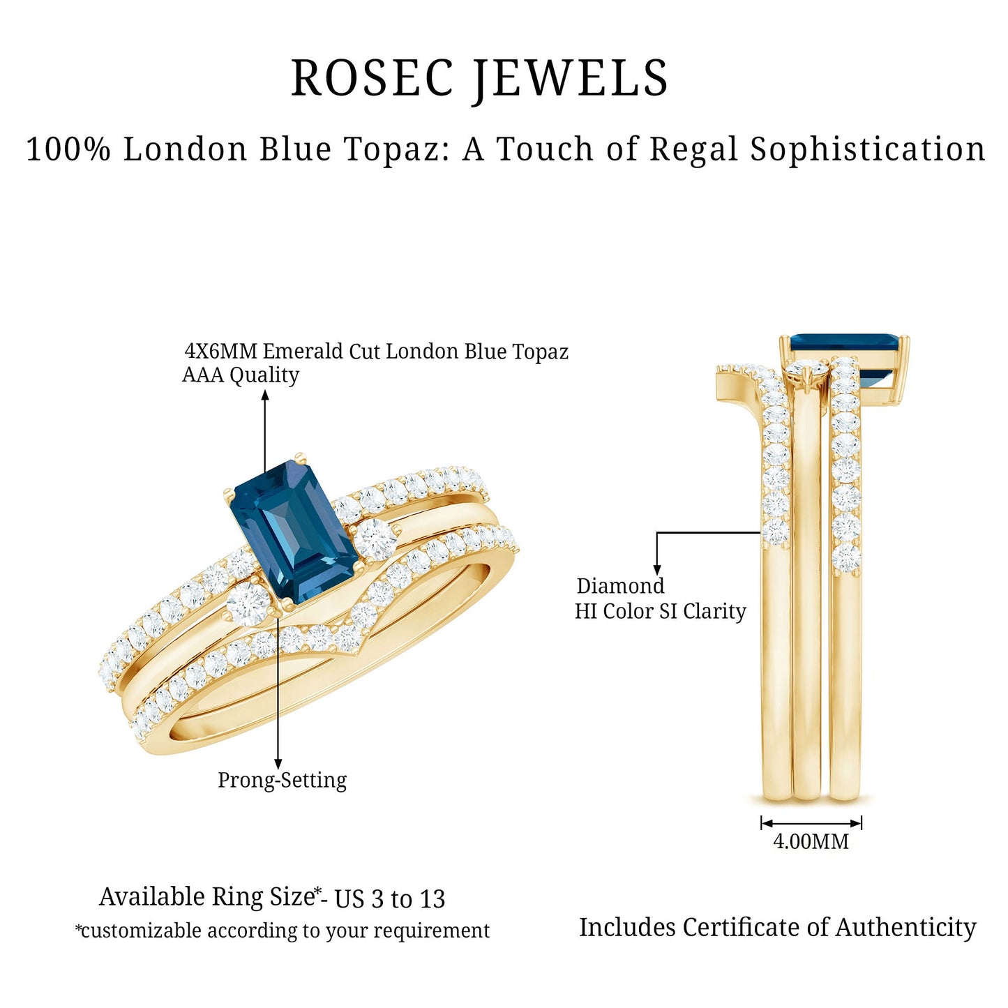 0.7 Carat Emerald Cut London Blue Topaz Curved Wedding Ring Set with Certificate