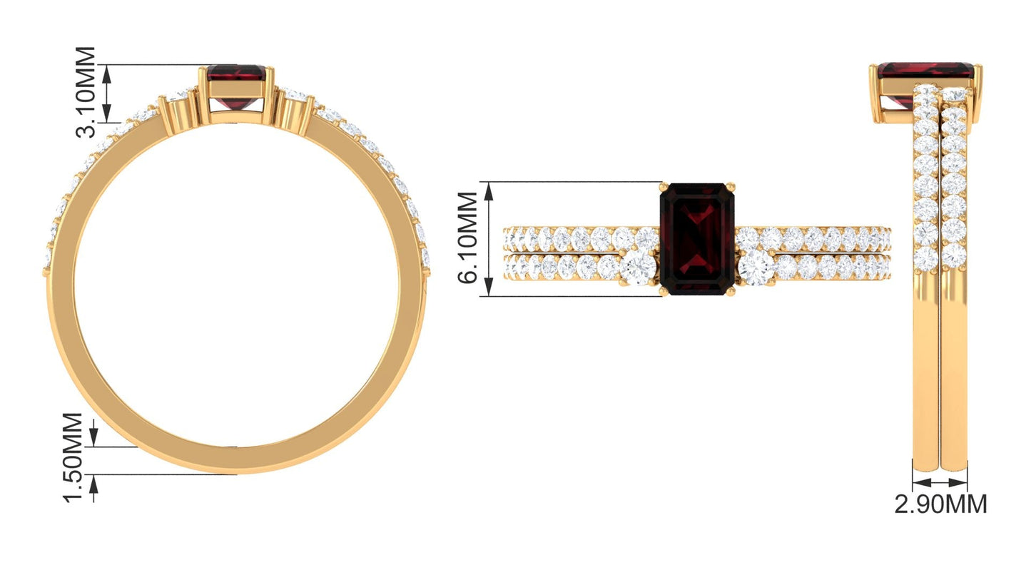 Certified Real Garnet Diamond Emerald Cut Engagement Ring with Wedding Band Cuff